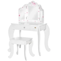 HOMCOM Toeletta per Bambini con Sgabello, Tavolo Trucco con Triplo Specchio e Cassetto, 63x40x85.5cm, Bianco(m-10)