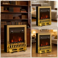 HOMCOM Camino Elettrico da Terra 1000/2000 W Effetto Fiamma LED, Caminetto Elettrico con Protezione da Surriscaldamento e Ribaltamento, Riscaldamento Regolabile, Oro(m-4)