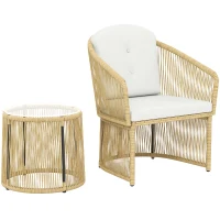 Outsunny Rattan-Bistro-Set, 3-teiliges Gartenmöbel-Set mit rundem Glastisch, Sesseln und Kissen, Cremeweiß(m-1)