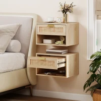 HOMCOM Conjunto de 2 Mesas de Cabeceira Suspensas com Gaveta de Vime Prateleira Aberta Economiza Espaço 40x30x25 cm Carvalho(m-2)