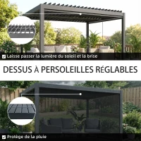 Outsunny Pergola bioclimatique 4x3m, pergola aluminium avec lames orientables, manivelle, stores latéraux coupe-vent, gris foncé(m-6)