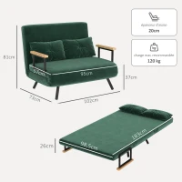HOMCOM Canapé convertible 2 places 4 en 1, canapé-lit avec dossier réglable sur 5 niveaux, 2 coussins, 102 x 73 x 81 cm, vert(m-3)