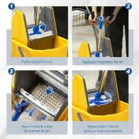 HOMCOM Cărucior Profesional de Curățenie cu Coș Suspendat, Raft, Găleată de 25 L și Cârlig, 72x49,5x95 cm, Galben(m-4)