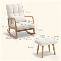 HOMCOM Poltrona a Dondolo con Poggiapiedi, in Tessuto Bouclé, Gambe in Legno, 64,5x82x89 cm, Bianco(m-3)