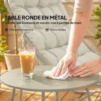 Outsunny Salon bistro 3 pièces pour 2 personnes, table ronde et chaises d'extérieur avec assise en textilène et coussins, gris clair(m-7)