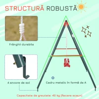 Outsunny Leagăn Dublu pentru Copii 3+ Ani cu Structură din Metal, Leagăn de Grădină cu Coardă Reglabilă, Joc de Exterior, Max 45 kg, 239x156x180 cm, Verde și Roșu(m-4)