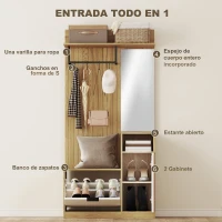 HOMCOM Perchero Entrada Recibidor con Zapatero Armario Estantes Abiertos y 4 Ganchos 80x37x168 cm Roble(m-4)