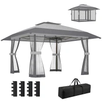 Outsunny Pavillon 4x4m Wasserdicht Höhenverstellbar Pop-up Faltpavillon mit Doppeldach 4 Netzseiten, UV 30+Hellgrau(m-11)
