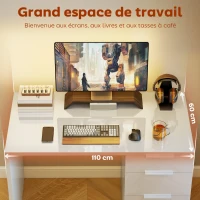 HOMCOM Bureau d'ordinateur à haute brillance avec 4 tiroirs, 110 x 60 cm, bureau avec rangement, style moderne, blanc(m-4)