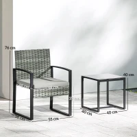 Outsunny Set bistro din ratan, set mobilier de grădină 3 piese cu 2 scaune de grădină, masă de cafea, perne detașabile Gri deschis(m-3)