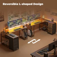 HOMCOM Biurko gamingowe w kształcie litery L z zasilaniem, oświetleniem LED, 4 szufladami, podstawką pod monitor, 155x110x91,4 cm, brązowe(m-6)