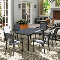 Outsunny Table de jardin extérieure avec 6 chaises empilables, plateau à lattes 150 cm, structure en acier anti-rouille, gris(m-8)
