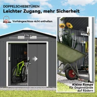 Outsunny Geräteschuppen, Wetterfestes Gartenhaus für Gartengeräte, mit Belüftungsfenstern, Schiebetüren, Stahl, Kohlegrau(m-5)