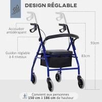 HOMCOM Déambulateur 4 roues - déambulateur pliable léger - assise + dossier rembourré - poignées ergonomiques, freins à main - panier rangement - métal bleu(m-6)