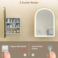 HOMCOM Wand-Badezimmerschrank mit Spiegel und LED-Beleuchtung, gebogene Tür, Antibeschlag, 50x14,5x70cm, Gold(m-5)