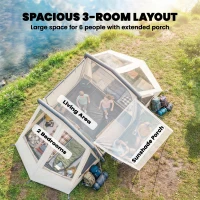 Outsunny Opblaasbare Tent 6 Personen Snelle Opbouw Outdoor Tent voor Kamperen met 2 Slaapkamers Veranda Ramen(m-6)