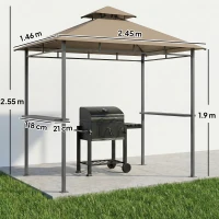 Outsunny Adăpost grătar exterior, cort de grădină 245x146x255cm din metal, acoperiș dublu, 2 rafturi laterale, Maro(m-3)
