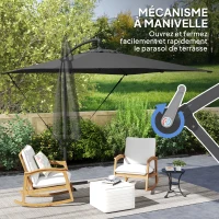 Outsunny Parasol déporté parasol de jardin extérieur Toile ajustable 8 baleines base en croix manivelle, 2,5 x 2,5 m, gris foncé(m-7)