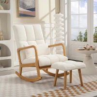 HOMCOM Poltrona a Dondolo con Poggiapiedi, in Tessuto Bouclé, Gambe in Legno, 64,5x82x89 cm, Bianco(m-6)