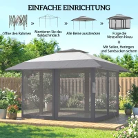 Outsunny Pavillon 4x4m Wasserdicht Höhenverstellbar Pop-up Faltpavillon mit Doppeldach 4 Netzseiten, UV 30+Hellgrau(m-8)