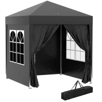 Outsunny Pavilion pliant, cort berărie, 4 pereți laterali detașabili, 2 ferestre, cadru metalic, 2 x 2m, Negru(m-1)