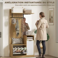 HOMCOM Meuble d'entrée 6 en 1, vestiaire d'entrée avec banc à chaussures rabattable, miroir, 80x37x168cm, chêne(m-5)