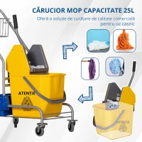 HOMCOM Cărucior Profesional de Curățenie cu Coș Suspendat, Raft, Găleată de 25 L și Cârlig, 72x49,5x95 cm, Galben(m-7)