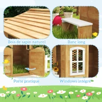 Outsunny Cabane de jeu pour enfant maison de jardin en bois porte et fenêtres, banc, boite aux lettres, clôture, de 3 à 6 ans(m-5)