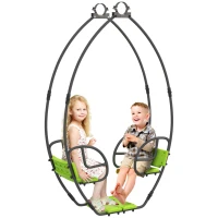 Outsunny Altalena per bambini struttura in metallo con maniglia per 2 bambini da 3 a 6 anni 110,5 x 40,5 x 180 cm verde(m-7)