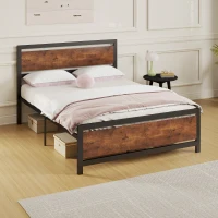 HOMCOM Cadre de lit double en acier avec sommier et tête de lit compatible matelas 190 x 140 cm brun rustique(m-7)