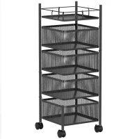 HOMCOM Cărucior de bucătărie pe roți, 5 nivele, cărucior de depozitare 4 coșuri rotative, raft, 27,5x27,5x77cm, negru(m-1)