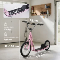HOMCOM Kids Scooter, Teen Kick Scooter with Rubber Wheels, 16" Front Wheel, Height Adjustable Handlebar, Dual Brakes, Kick Stand, for 5+ Years, Pink(m-3)