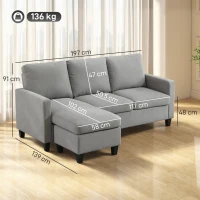 Homcom Canapea Colt 3 Locuri Modulara din Material Textil – Gri Modern(m-3)