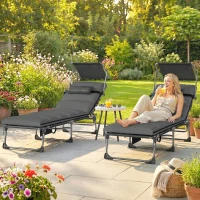 Outsunny Lot de 2 transats pliants avec pare-soleil, chaises longues inclinables avec coussin, poche latérale et poignée de transport, gris foncé(m-10)