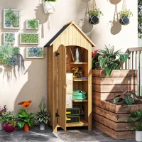 Outsunny Wooden Garden Storage Shed with 3 Shelves, Outdoor Tool Storage Cabinet with Tilt Roof and Lockable Door, 77.5 x 54.2 x 179.5 cm, Natural(m-12)