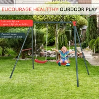 Outsunny Leagăn Dublu pentru Copii 3+ Ani cu Structură din Metal, Leagăn de Grădină cu Coardă Reglabilă, Joc de Exterior, Max 45 kg, 239x156x180 cm, Verde și Roșu(m-7)