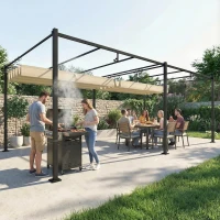 Outsunny Pergola 5,7 m x 2,95 m avec Toit Rétractable, Abri de Jardin avec Protection UV50+, Beige(m-8)