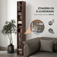 HOMCOM Rangements pour CD et DVD, étagère colonne de rangement, meuble de rangement avec 12 compartiments, capacité max. 204 CD, 21 x 20 x 175 cm, marron(m-4)