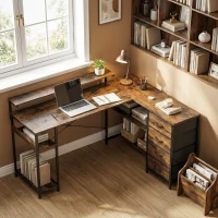 HOMCOM Biurko gamingowe w kształcie litery L z zasilaniem, oświetleniem LED, 4 szufladami, podstawką pod monitor, 155x110x91,4 cm, brązowe(m-8)