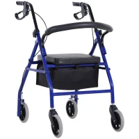 HOMCOM Déambulateur 4 roues - déambulateur pliable léger - assise + dossier rembourré - poignées ergonomiques, freins à main - panier rangement - métal bleu(m-12)