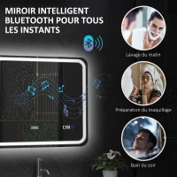 HOMCOM Miroir salle de bain Bluetooth avec éclairage LED 60 x 80 cm, miroir lumineux mural avec horloge, antibuée, argenté(m-5)