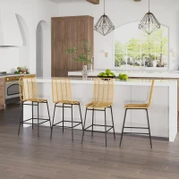 HOMCOM Set de 4 taburete de bar, scaune de bar, spătar împletit și suport pentru picioare, cadru din oțel, 42,5x52x102cm, galben(m-6)