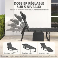 Outsunny Chaise longue pliable bain de soleil transat de relaxation dossier inclinable 5 niveaux têtière amovible pochette latérale intégrée revêtement textilène acier dim. 189x58x30cm noir(m-4)