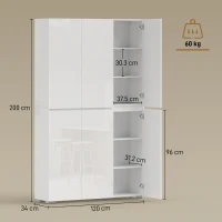 HOMCOM Bufet înalt pentru bucătărie dulap de bucătărie cu finisaj lucios 6 uși cu închidere silențioasă rafturi reglabile alb(m-3)