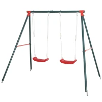 Outsunny Leagăn Dublu pentru Copii 3+ Ani cu Structură din Metal, Leagăn de Grădină cu Coardă Reglabilă, Joc de Exterior, Max 45 kg, 239x156x180 cm, Verde și Roșu(m-1)