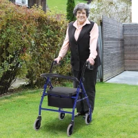 HOMCOM Déambulateur 4 roues - déambulateur pliable léger - assise + dossier rembourré - poignées ergonomiques, freins à main - panier rangement - métal bleu(m-10)