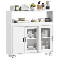 HOMCOM Móvel de Casa de Banho com Rodas Prateleira Regulável Porta Deslizante em Vidro Temperado Branco(m-6)