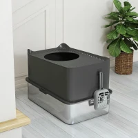 PawHut Stainless Steel Cat Litter Tray, Extra Large Enclosed Litter Box with Scoop, Top Entrance, Non-slip Pads, Dark Grey(m-9)