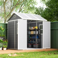 Outsunny 6 x 6ft Garden Shed with Floor, Window, Lockable Doors and Vents, Wood Effect Resin Tool Shed for Outdoor Patio, Grey(m-10)