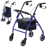 HOMCOM Déambulateur 4 roues - déambulateur pliable léger - assise + dossier rembourré - poignées ergonomiques, freins à main - panier rangement - métal bleu(m-1)